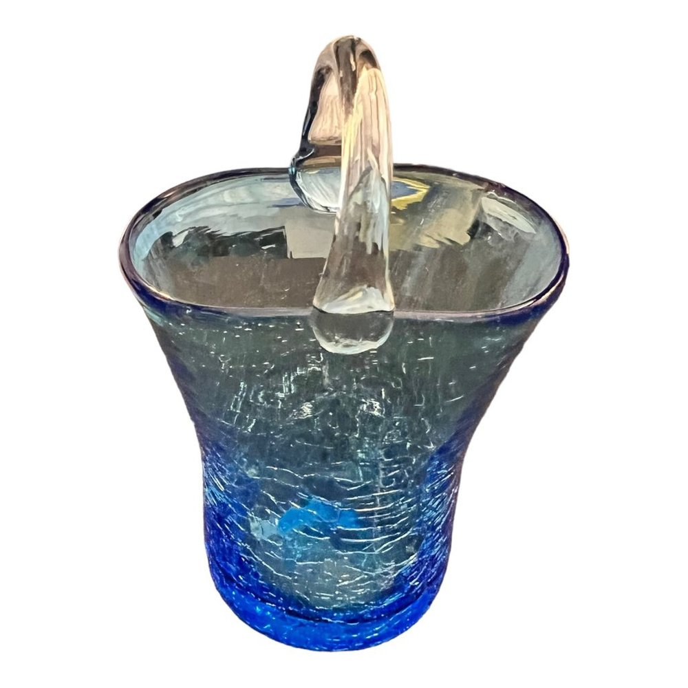 Art Glass Blue Crackled Glass Basket Vase Flower Pot With Handle Hand Blown 3.5" - Picture 3 of 10